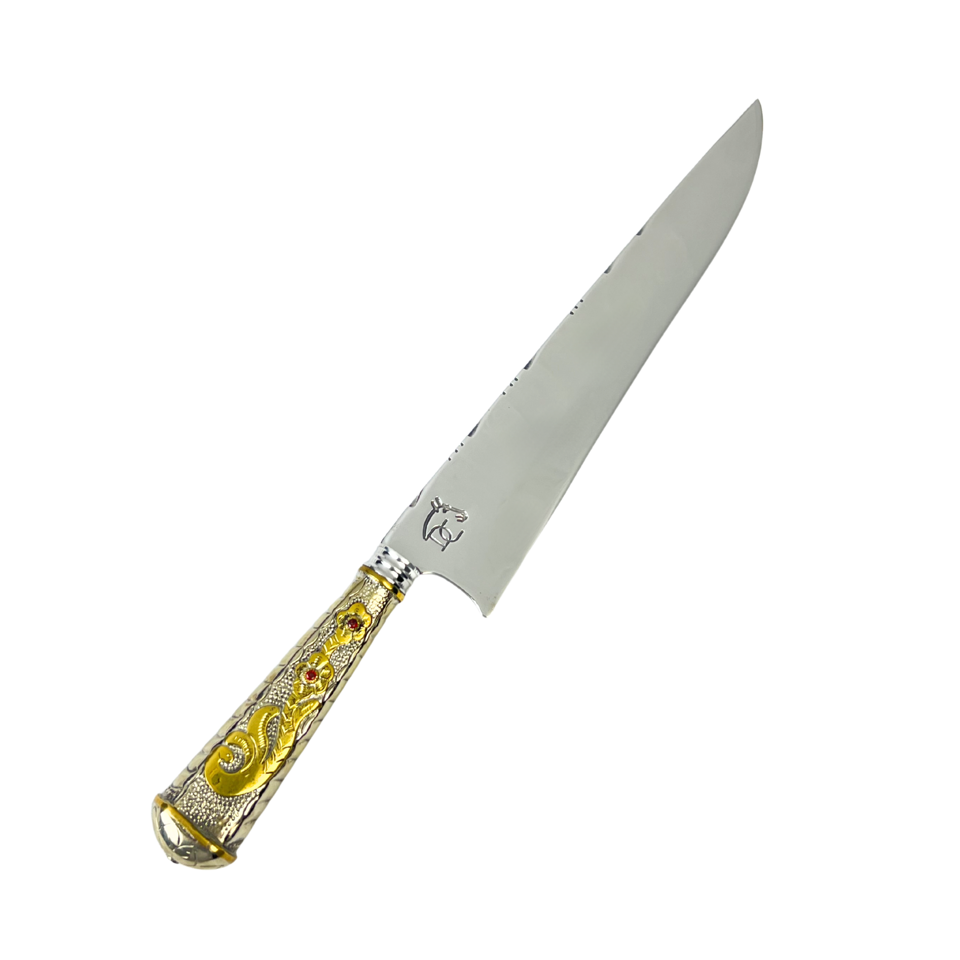 Faca de Churrasco Campeira 10" Aço Inox 420C - Cabo Alpaca Dourado Ornamentado | Doma Crioula Cutelaria Artesanal