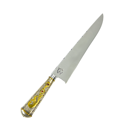 Faca de Churrasco Campeira 10" Aço Inox 420C - Cabo Alpaca Dourado Ornamentado | Doma Crioula Cutelaria Artesanal