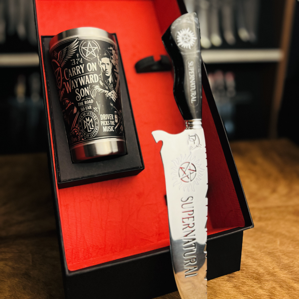 Kit Presente Supernatural - Faca 8" Artesanal + Copo Térmico 475ml | Doma Crioula Cutelaria Artesanal