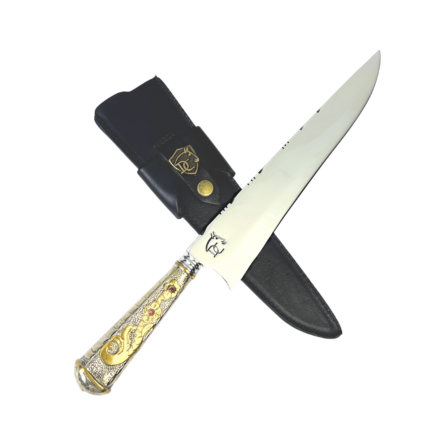 Faca de Churrasco Campeira 10" Aço Inox 420C - Cabo Alpaca Dourado Ornamentado | Doma Crioula Cutelaria Artesanal