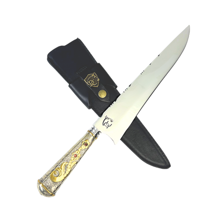 Faca de Churrasco Campeira 10" Aço Inox 420C - Cabo Alpaca Dourado Ornamentado | Doma Crioula Cutelaria Artesanal