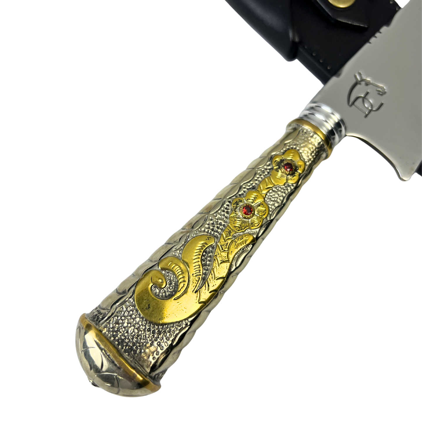 Faca de Churrasco Campeira 10" Aço Inox 420C - Cabo Alpaca Dourado Ornamentado | Doma Crioula Cutelaria Artesanal