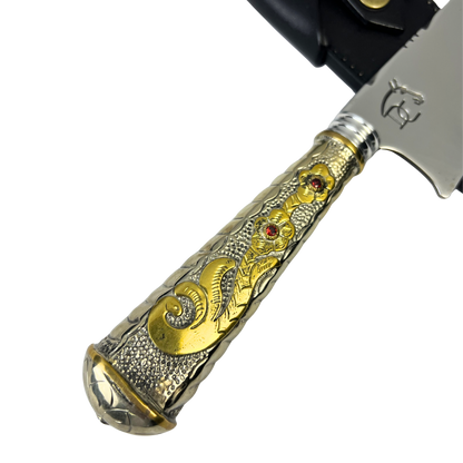 Faca de Churrasco Campeira 10" Aço Inox 420C - Cabo Alpaca Dourado Ornamentado | Doma Crioula Cutelaria Artesanal