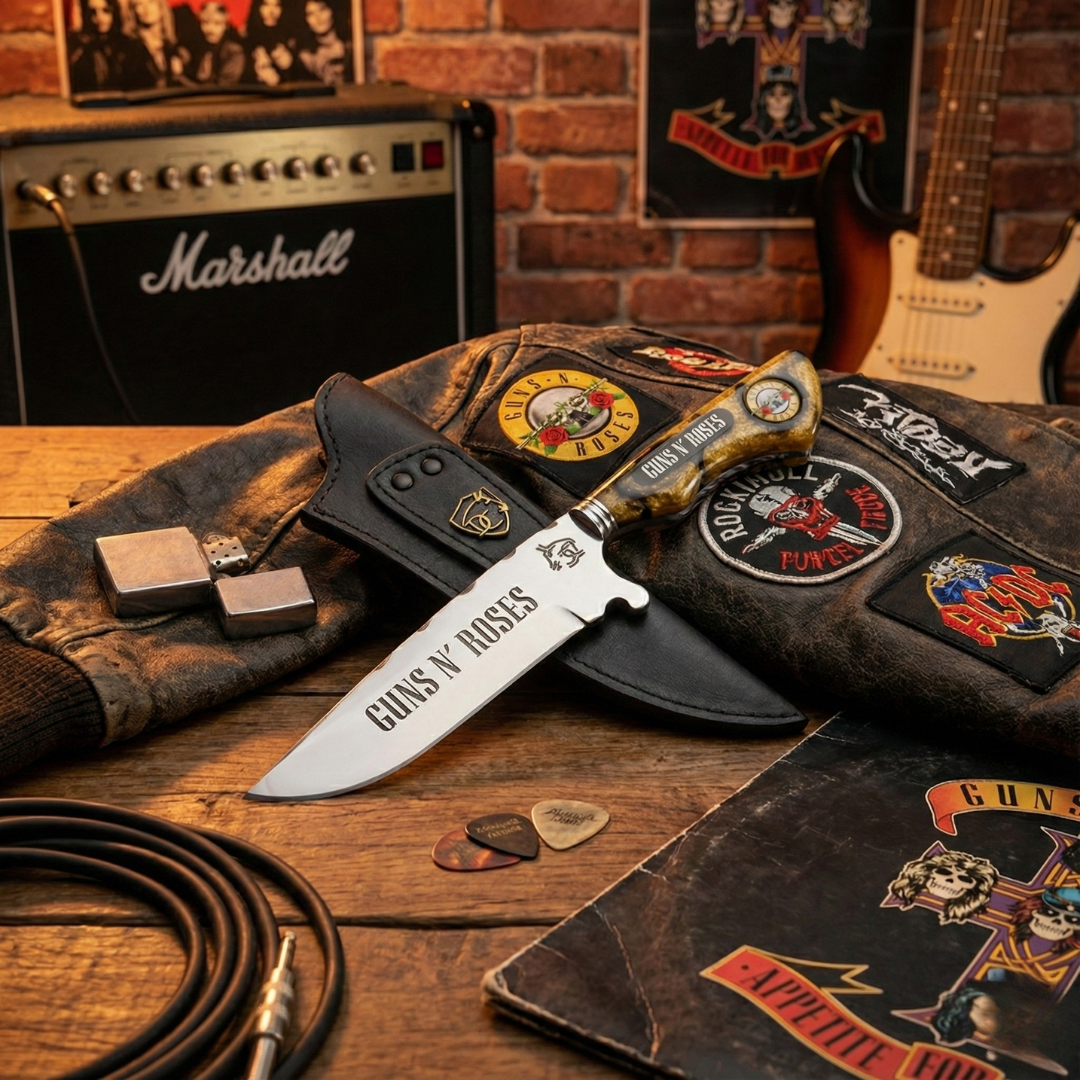 Faca de Churrasco Artesanal Guns N' Roses 8 Polegadas - Aço Inox com Bainha de Couro | Doma Crioula Cutelaria Artesanal