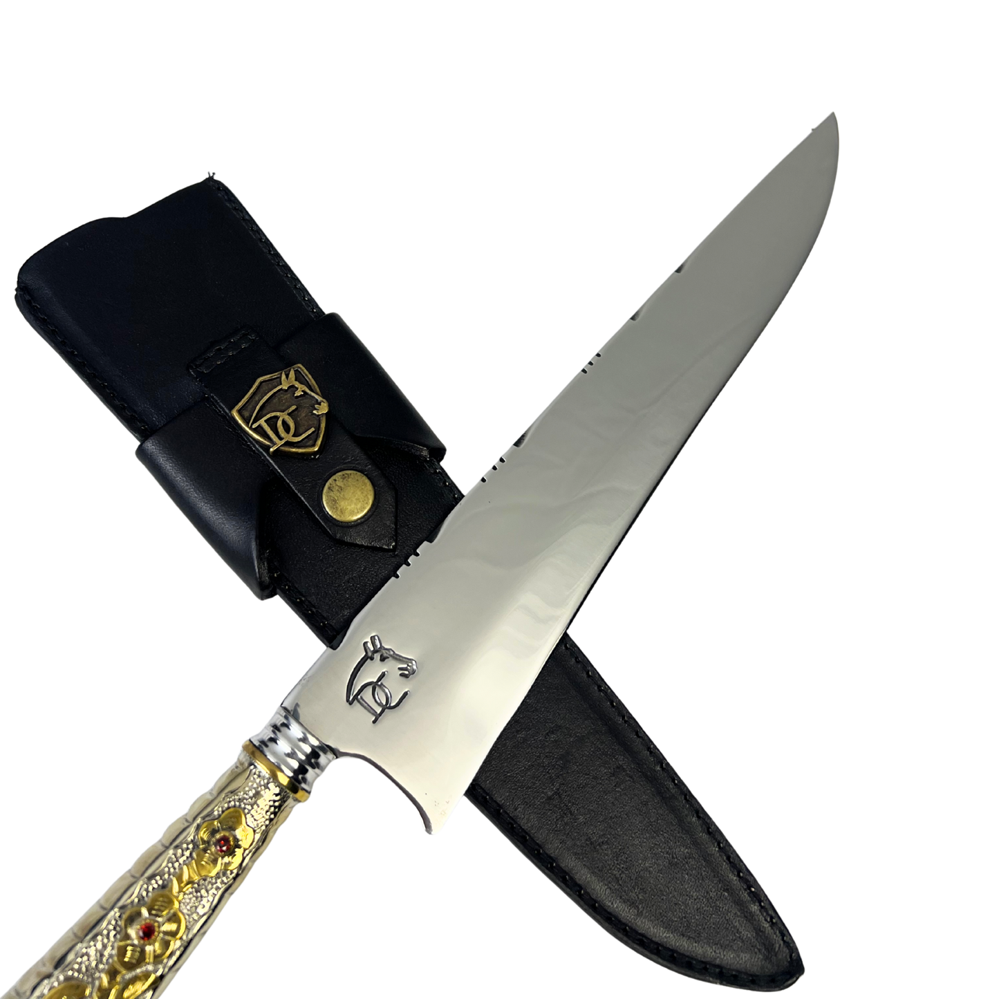 Faca de Churrasco Campeira 10" Aço Inox 420C - Cabo Alpaca Dourado Ornamentado | Doma Crioula Cutelaria Artesanal