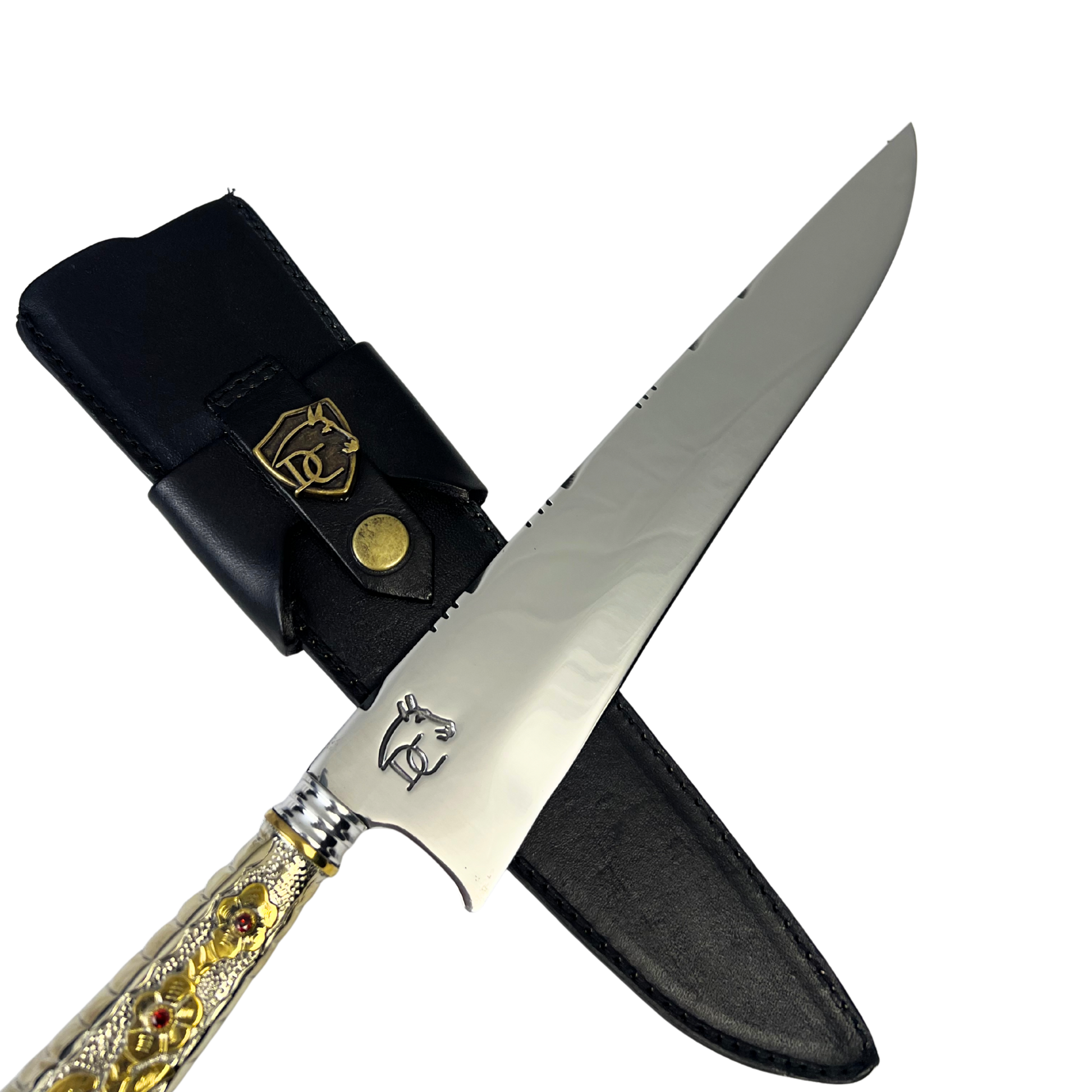 Faca de Churrasco Campeira 10" Aço Inox 420C - Cabo Alpaca Dourado Ornamentado | Doma Crioula Cutelaria Artesanal