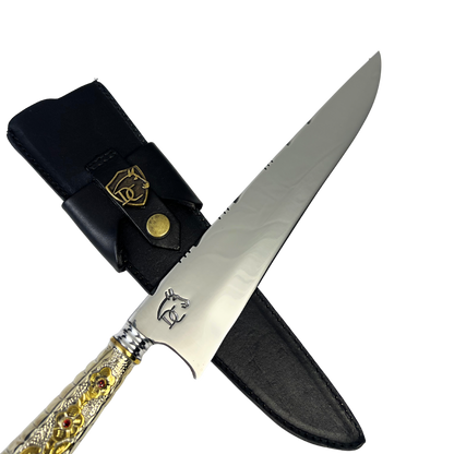 Faca de Churrasco Campeira 10" Aço Inox 420C - Cabo Alpaca Dourado Ornamentado | Doma Crioula Cutelaria Artesanal