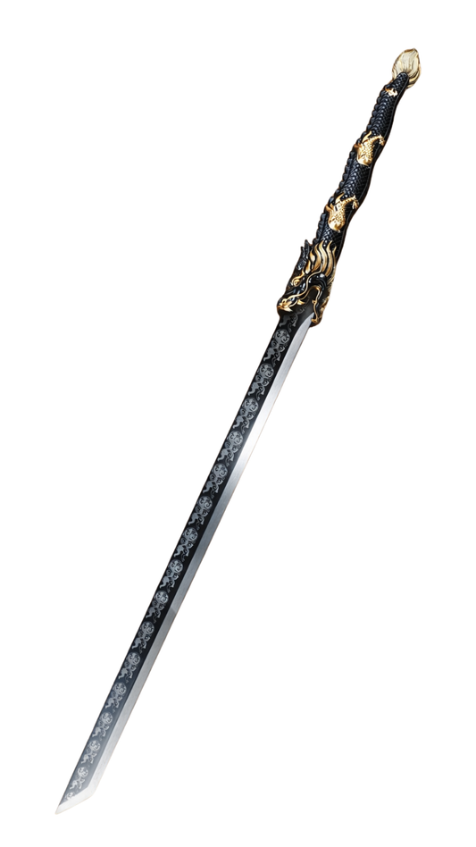 Espada Dragão com Lâmina Decorada e Cabo Detalhado Preto e Dourado