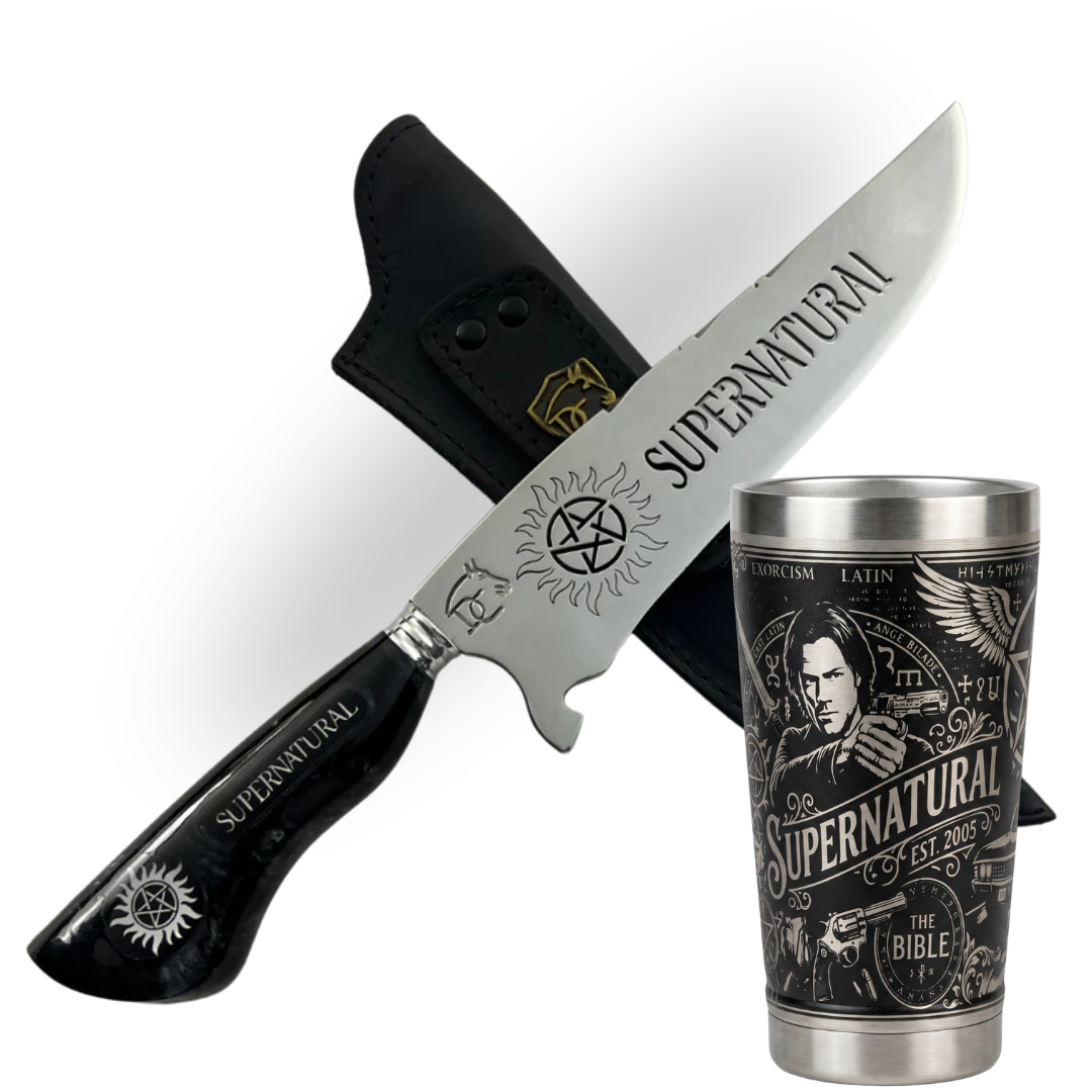 Kit Presente Supernatural - Faca 8" Artesanal + Copo Térmico 475ml | Doma Crioula Cutelaria Artesanal