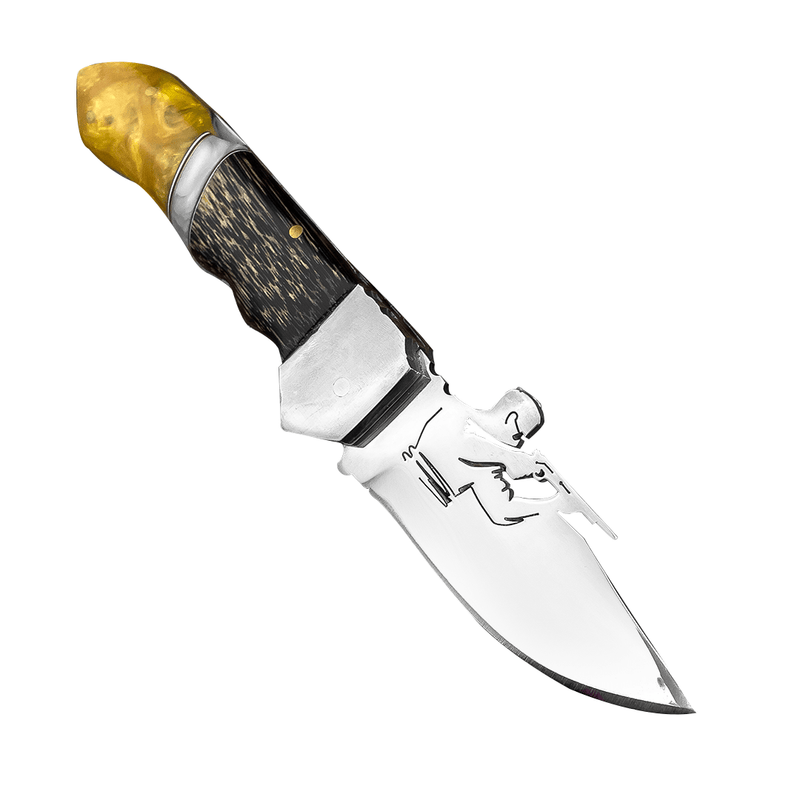 Canivete Artesanal Caçador - Cabo resinado amarelo com branco - Forja Bruta