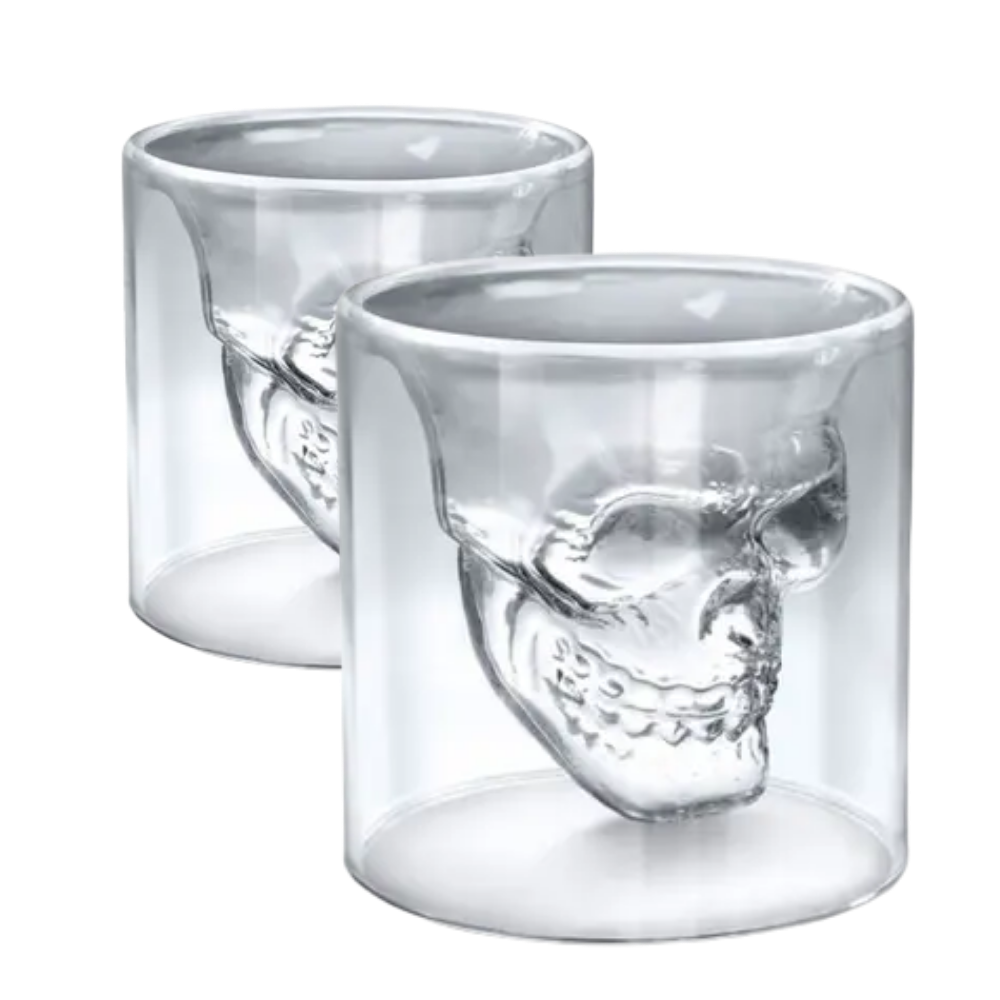 Copo Whisky Caveira Vidro Duplo - 2 Peças - 75ml - Design 3D | Doma Crioula Cutelaria Artesanal