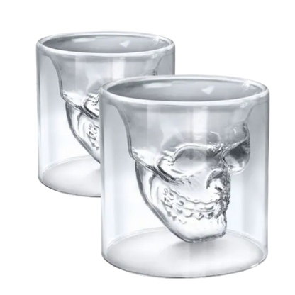 Copo Whisky Caveira Vidro Duplo - 2 Peças - 75ml - Design 3D | Doma Crioula Cutelaria Artesanal