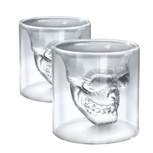 Copo Whisky Caveira Vidro Duplo - 2 Peças - 75ml - Design 3D | Doma Crioula Cutelaria Artesanal