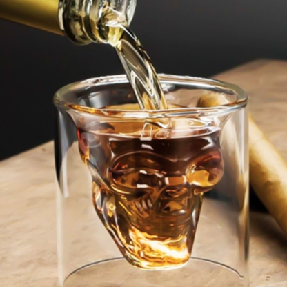 Copo Whisky Caveira Vidro Duplo - 2 Peças - 75ml - Design 3D | Doma Crioula Cutelaria Artesanal