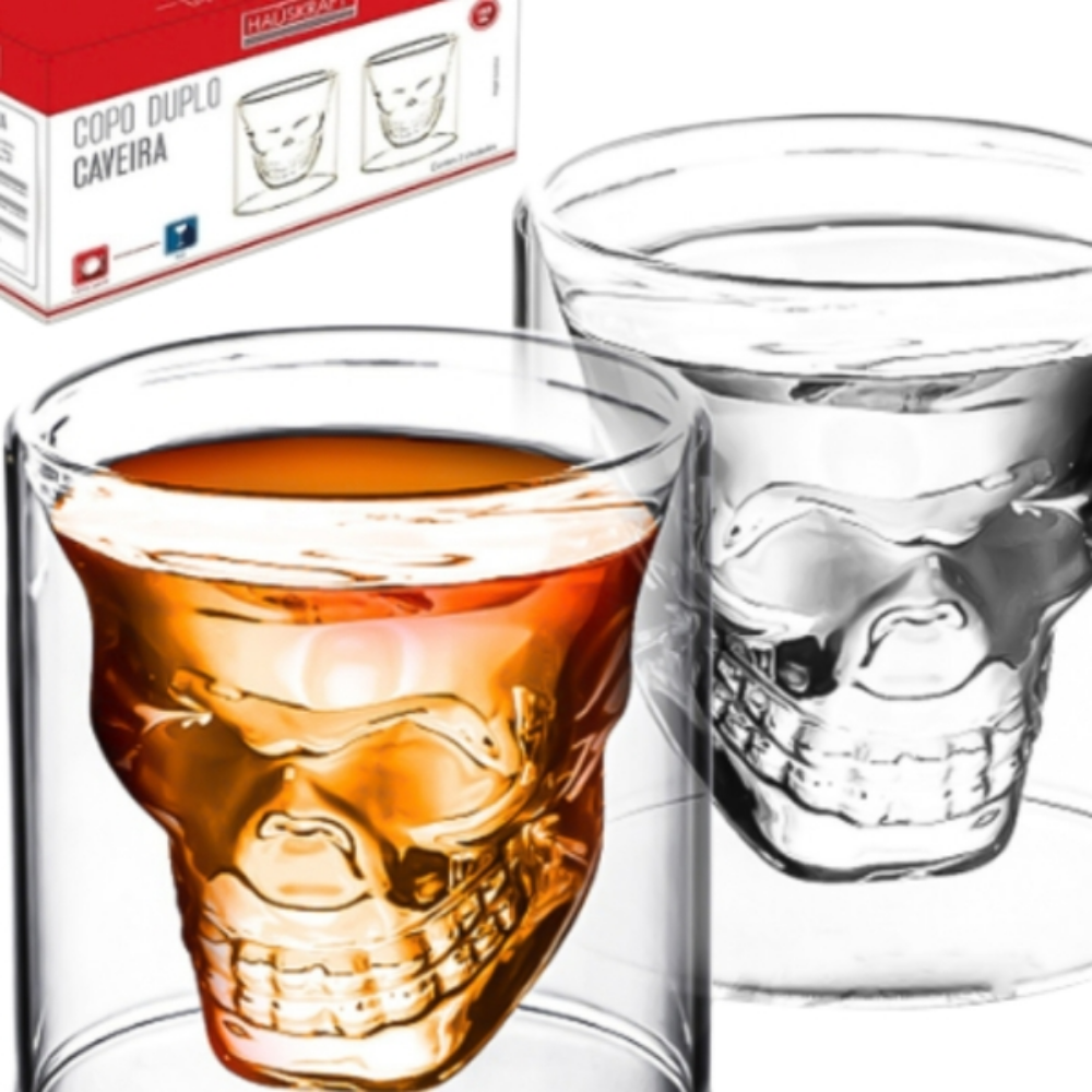 Copo Whisky Caveira Vidro Duplo - 2 Peças - 75ml - Design 3D | Doma Crioula Cutelaria Artesanal