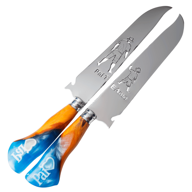 Combo Facas Artesanais 10", Modelo Pai Te Amo, Aço Inox - Cabo madeirado com azul - Forja Bruta