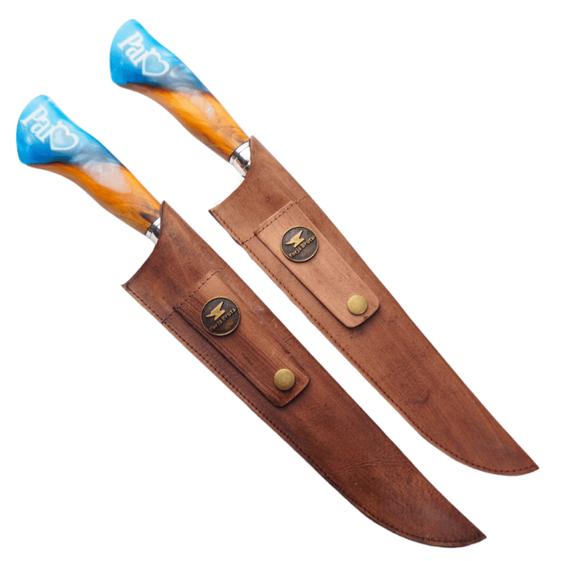 Combo Facas Artesanais 10", Modelo Pai Te Amo, Aço Inox - Cabo madeirado com azul - Forja Bruta