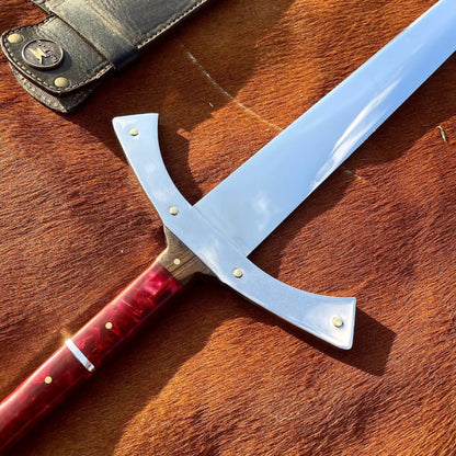 Espada Medieval - Cabo Resinado Vermelho - 25 Polegadas - Inox - Forja Bruta