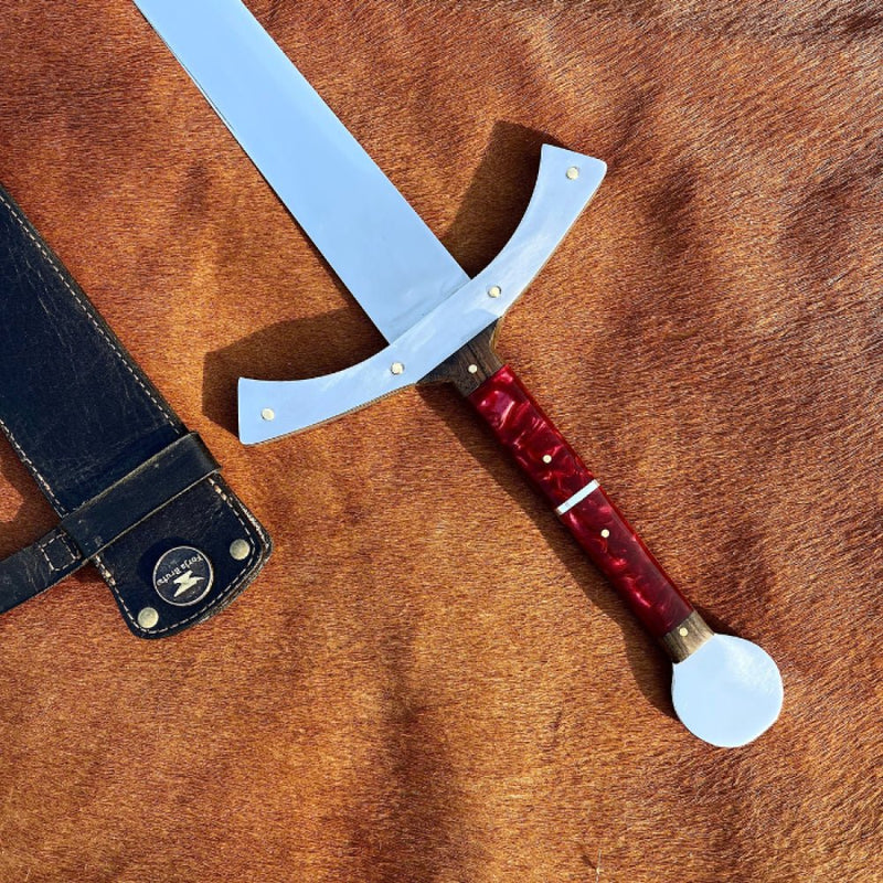 Espada Medieval - Cabo Resinado Vermelho - 25 Polegadas - Inox - Forja Bruta