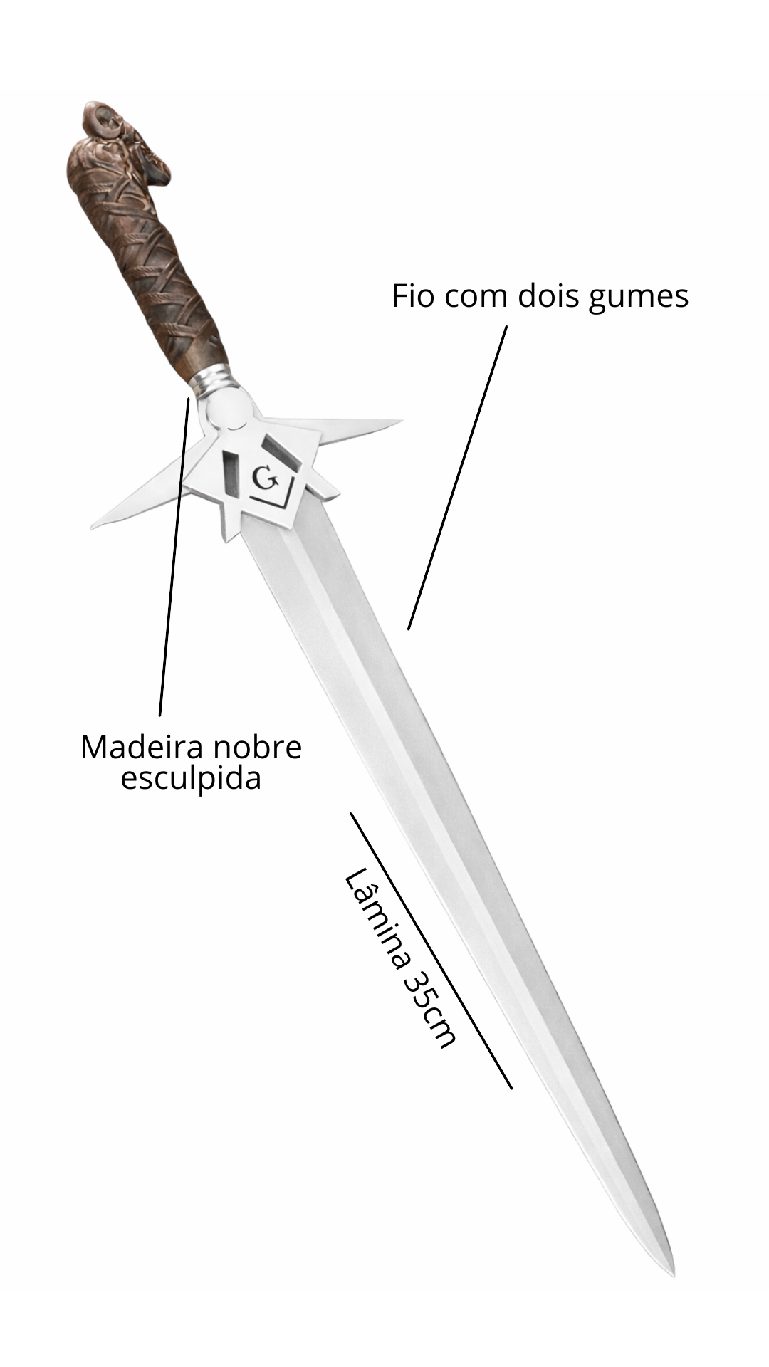Punhal Maçom em Aço Inox com Bainha e Caixa de Madeira Premium