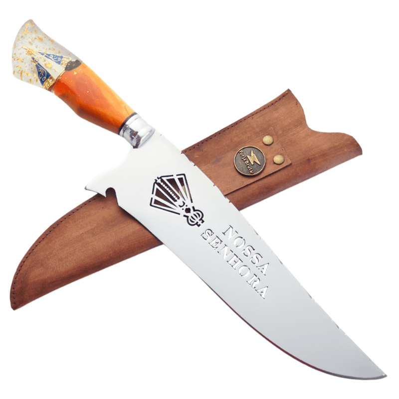 Faca Artesanal 10", Modelo Nossa Senhora Gold - Lâmina Larga - Aço Inox - Forja Bruta