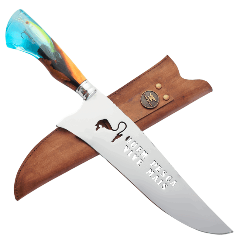 Faca Artesanal 10", Modelo Quem Pesca Vive Mais, Aço Inox - Forja Bruta