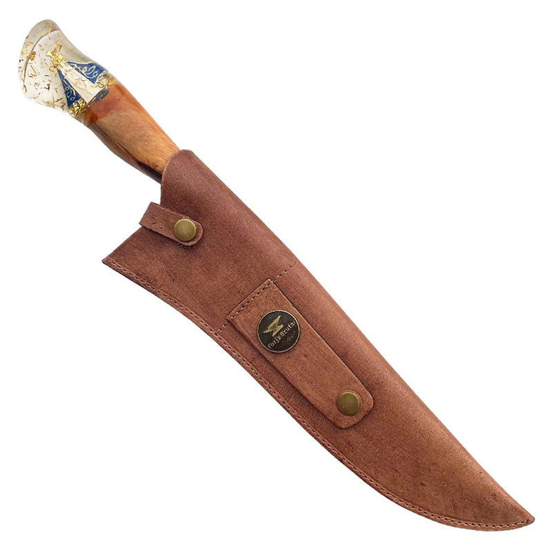 Faca Artesanal 10 Polegadas Nossa Senhora - Aço Inox Premium com Bainha em Couro - Forja Bruta