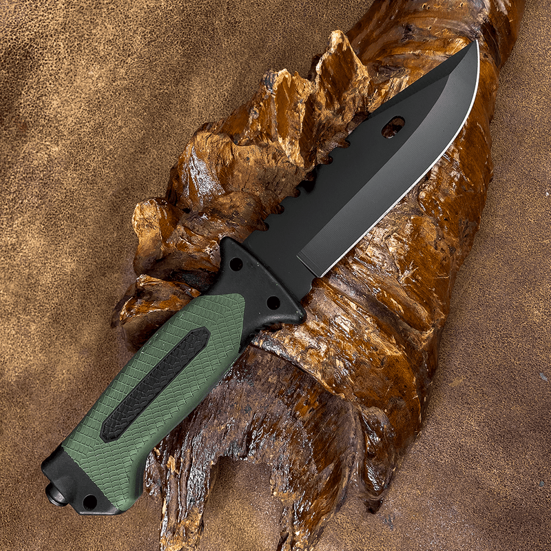 Faca Tática cabo verde musgo com quebra gelo + Bainha com bússola, pederneira e apito - Forja Bruta