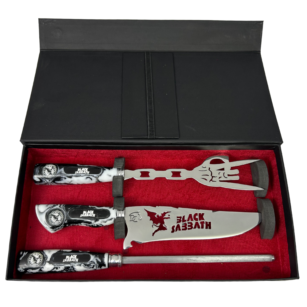 Kit Churrasco Faca, Garfo e Chaira 8" Black Sabbath - Cabo Resina Personalizado | Doma Crioula Cutelaria Artesanal