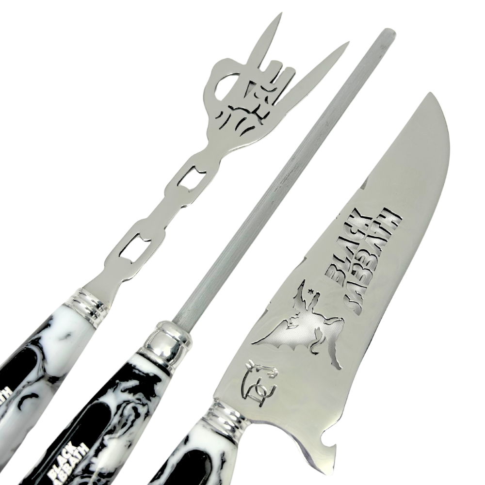 Kit Churrasco Black Sabbath Premium - Faca 8", Garfo, Chaira e 2 Copos Caveira - Edição Especial | Doma Crioula Cutelaria Artesanal