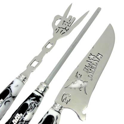 Kit Churrasco Black Sabbath Premium - Faca 8", Garfo, Chaira e 2 Copos Caveira - Edição Especial | Doma Crioula Cutelaria Artesanal