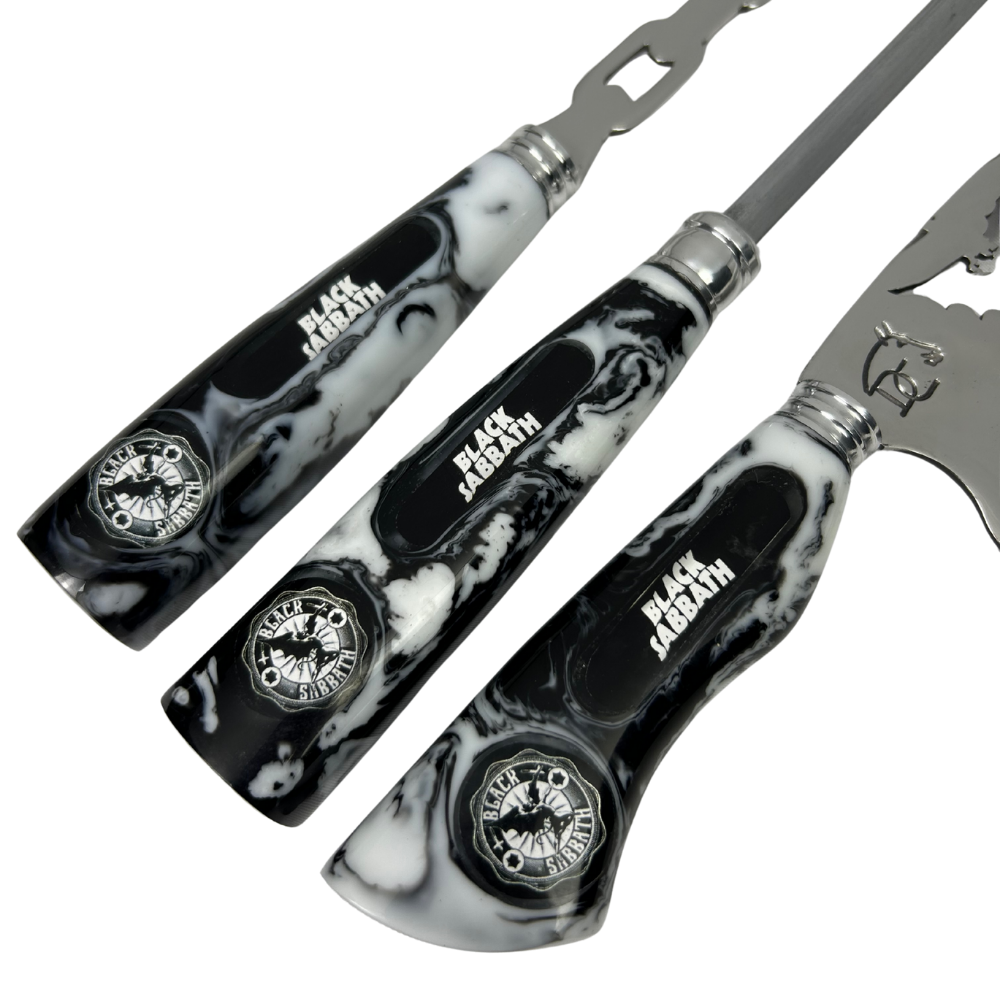 Kit Churrasco Black Sabbath Premium - Faca 8", Garfo, Chaira e 2 Copos Caveira - Edição Especial | Doma Crioula Cutelaria Artesanal