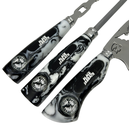 Kit Churrasco Black Sabbath Premium - Faca 8", Garfo, Chaira e 2 Copos Caveira - Edição Especial | Doma Crioula Cutelaria Artesanal