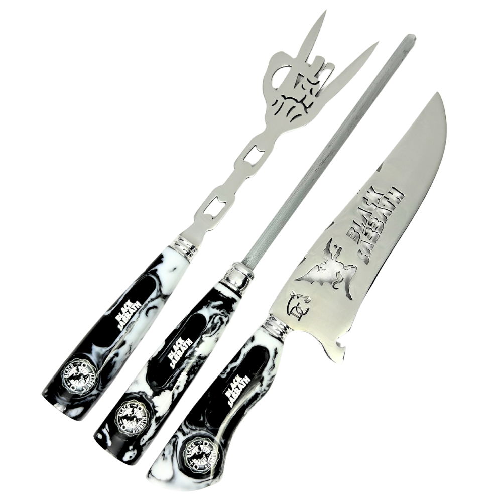 Kit Churrasco Black Sabbath Premium - Faca 8", Garfo, Chaira e 2 Copos Caveira - Edição Especial | Doma Crioula Cutelaria Artesanal