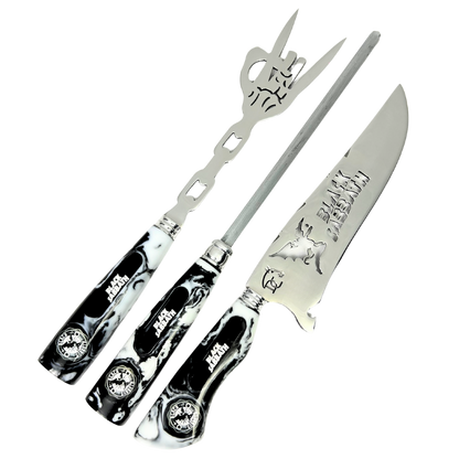 Kit Churrasco Black Sabbath Premium - Faca 8", Garfo, Chaira e 2 Copos Caveira - Edição Especial | Doma Crioula Cutelaria Artesanal