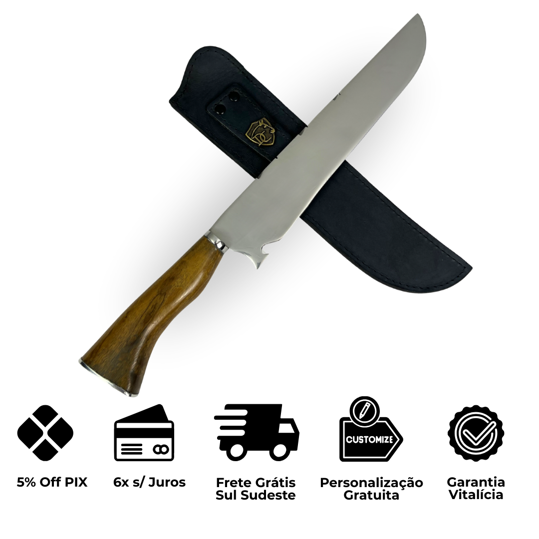 Faca de Churrasco Slim Lisa 10" - Cabo de Madeira - Personalização Laser Grátis | Doma Crioula Cutelaria Artesanal