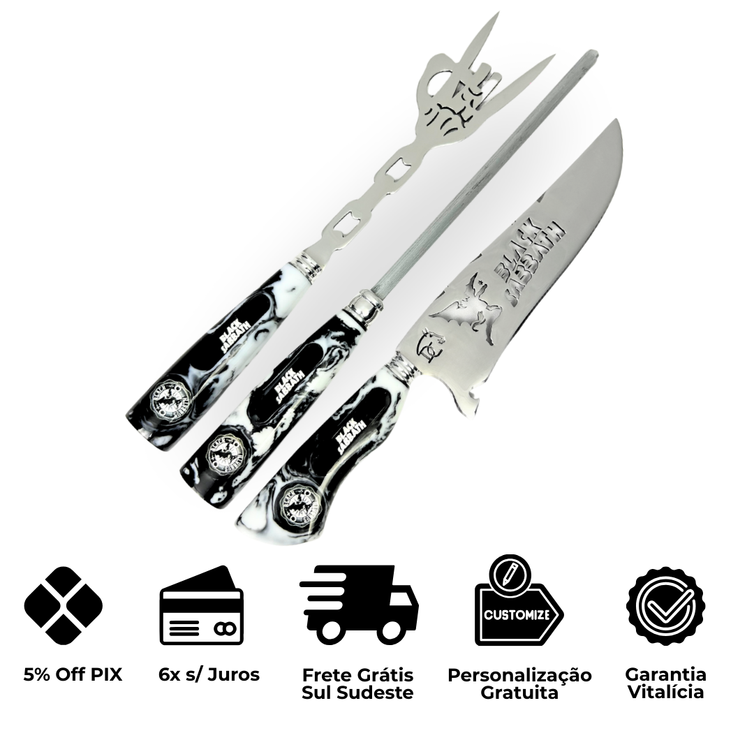 Kit Churrasco Faca, Garfo e Chaira 8" Black Sabbath - Cabo Resina Personalizado | Doma Crioula Cutelaria Artesanal