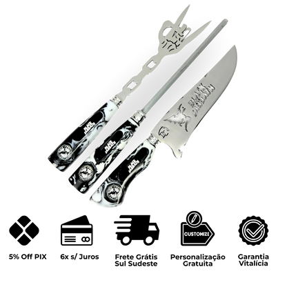 Kit Churrasco Faca, Garfo e Chaira 8" Black Sabbath - Cabo Resina Personalizado | Doma Crioula Cutelaria Artesanal