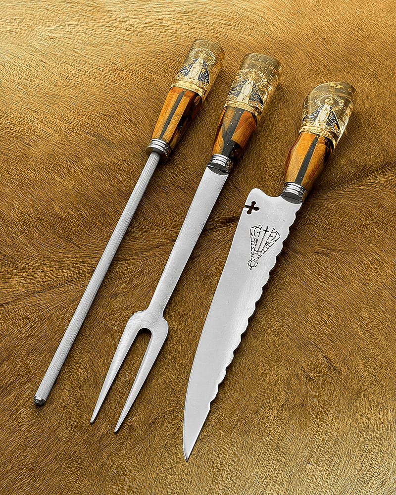 Kit Churrasco Nossa Senhora - Faca + Garfo + Chaira Artesanal - Forja Bruta