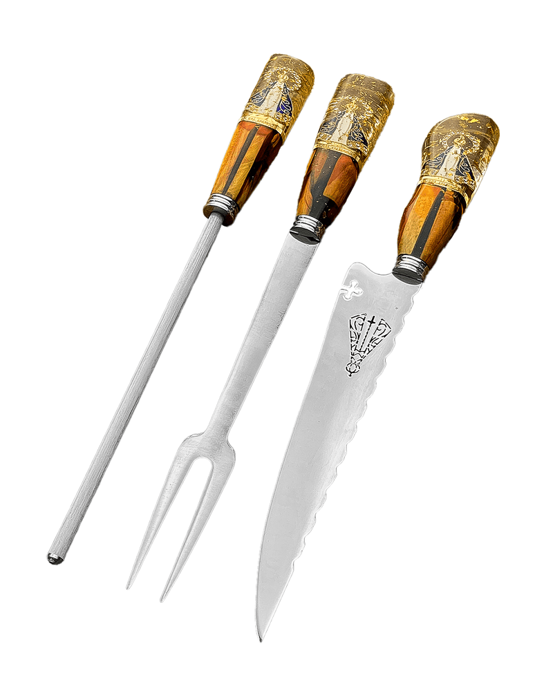 Kit Churrasco Nossa Senhora - Faca + Garfo + Chaira Artesanal - Forja Bruta