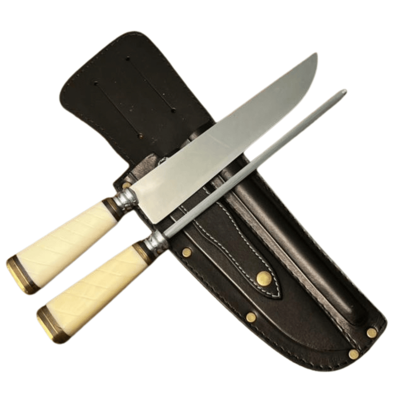 Kit Faca e Chaira Artesanal para Cozinha e Churrasco – Madeira Rádica de Embuia + Resina e Latão - Forja Bruta