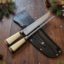 Kit Faca e Chaira Artesanal para Cozinha e Churrasco – Madeira Rádica de Embuia + Resina e Latão - Forja Bruta